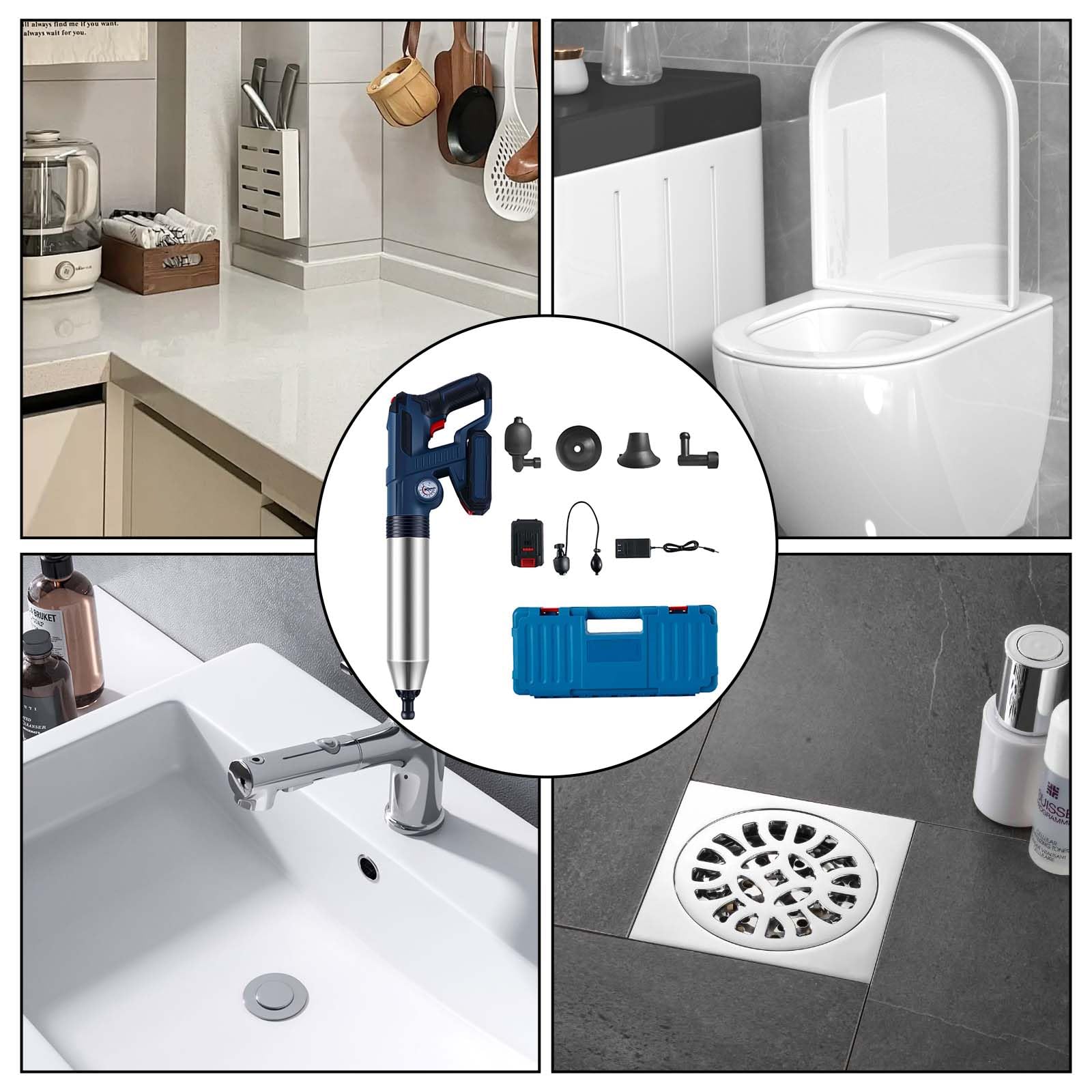 Desatascador Tuberias Eléctrico, Desatascador Fregadero WC Profesional con Indicador de Presión de Aire y 4 Adaptadores de Goma Desatascador de Desagüe para Baño Cocina Inodoro Desagüe de Suelo