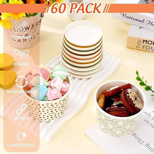 Miniatura 4 de Whaline 60 tazas de papel boho de 8 onzas, 3 estilos, bohemias, arco iris, lunares, rayas, tazones de papel desechables, cuencos de postre bohemios,