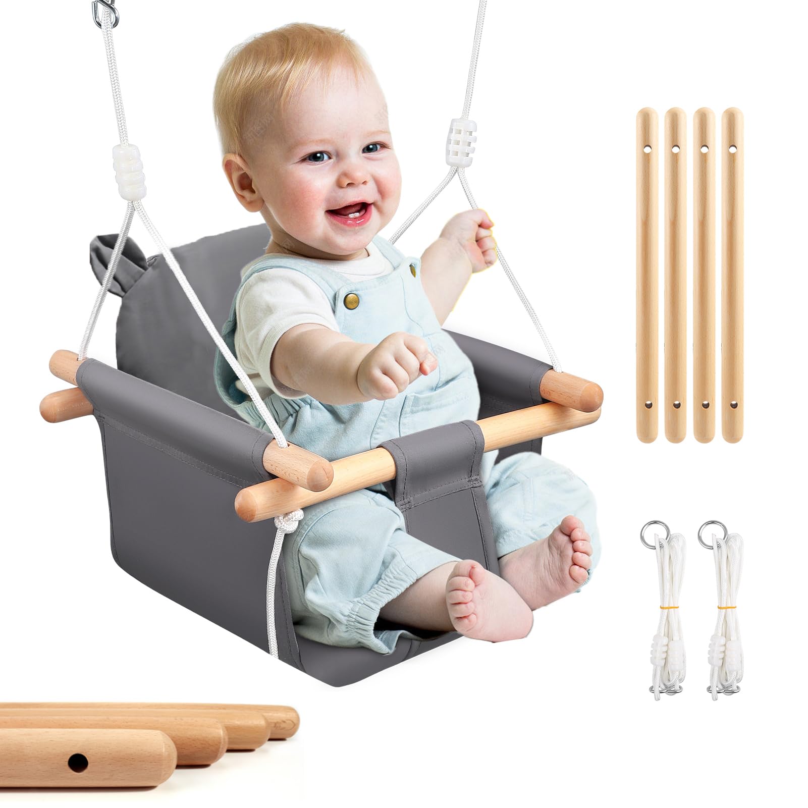 Columpio para bebé, columpio para niños, juego de asiento de madera para interior de madera, con cojín gris de algodón y cinturón de seguridad, capacidad de carga de 25 kg, para bebés y niños de 6