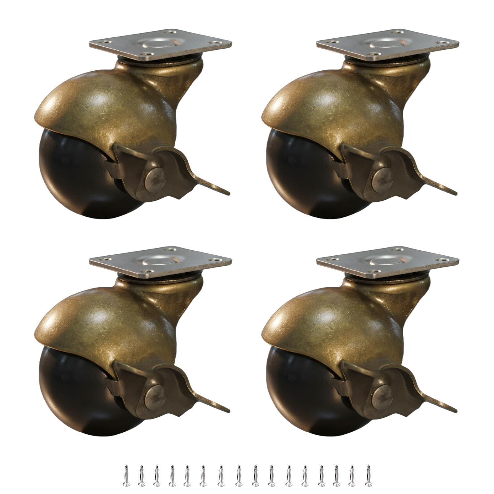 USHION 2 Inch Heavy Duty Antique Brass Ball Casters Set of 4 with Brake - Vintage Swivel Wheels with Top Plate & Screws for Sofas, 220lbs Load