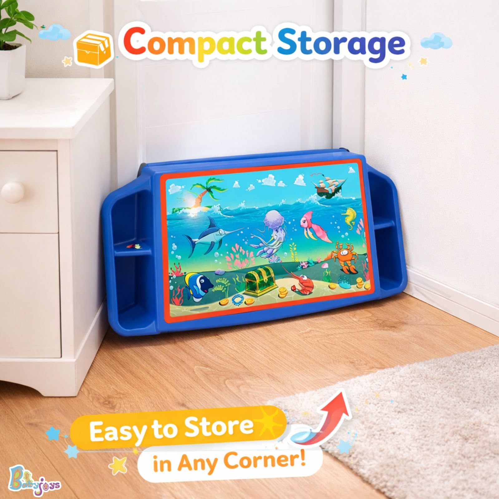 Babyjoys Multipurpose Plastic Study Table with Side Storage β Kids Activity & Laptop Table with Elegant Scenery Print (Blue) 1