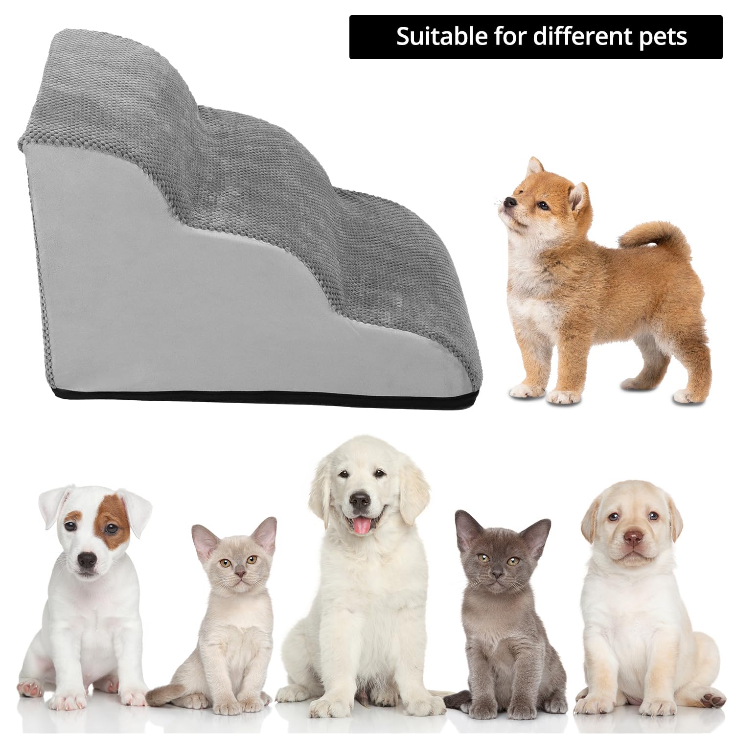 QWORK® Escaleras para Perros y Mascotas 60x40x40cm - 3 Escalones Lavables de Espuma Viscoelástica para Perros Pequeños, Medianos, Mayores y Gatos