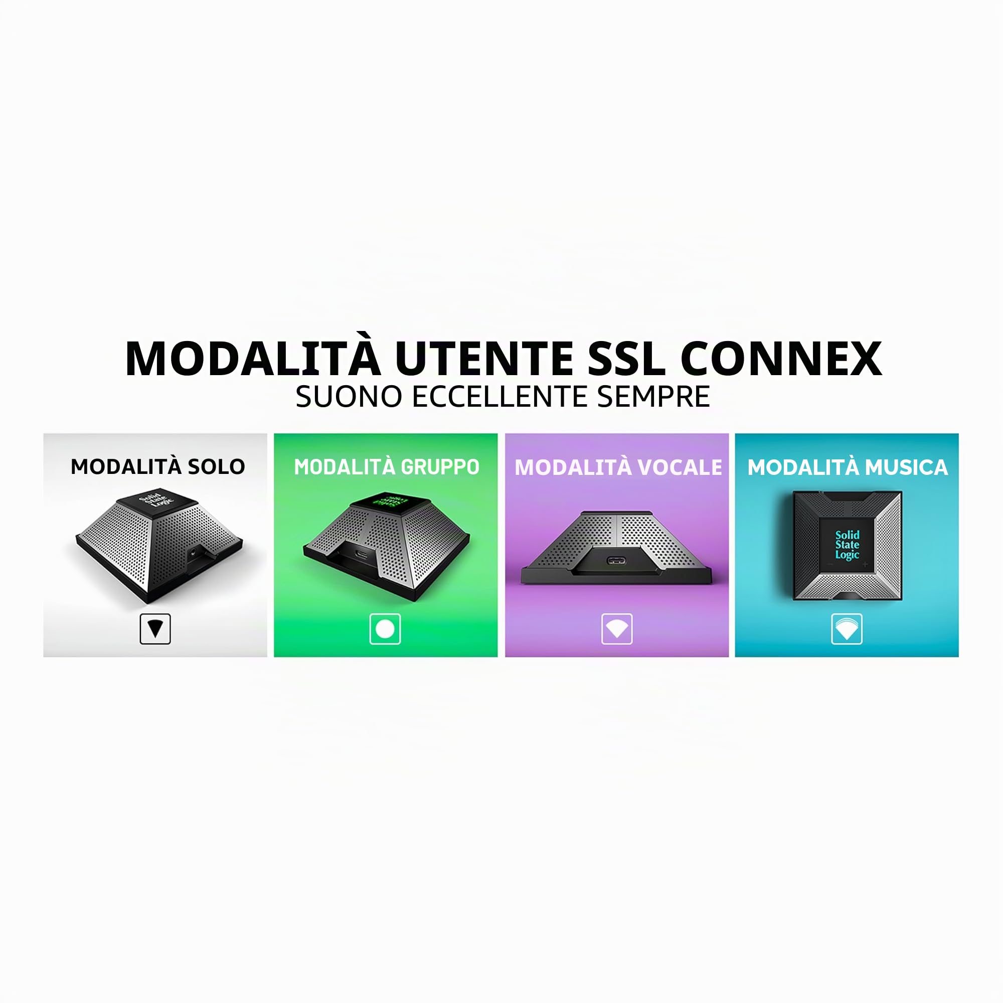 SSL (Solid State Logic) CONNEX di Solid Logic, Microfono USB Portatile, Conferenze, Live Streaming, Registrazione Musicale su PC/Mac, Array di Microfoni a Condensatore Quadruplo e 4 Modalità Utente