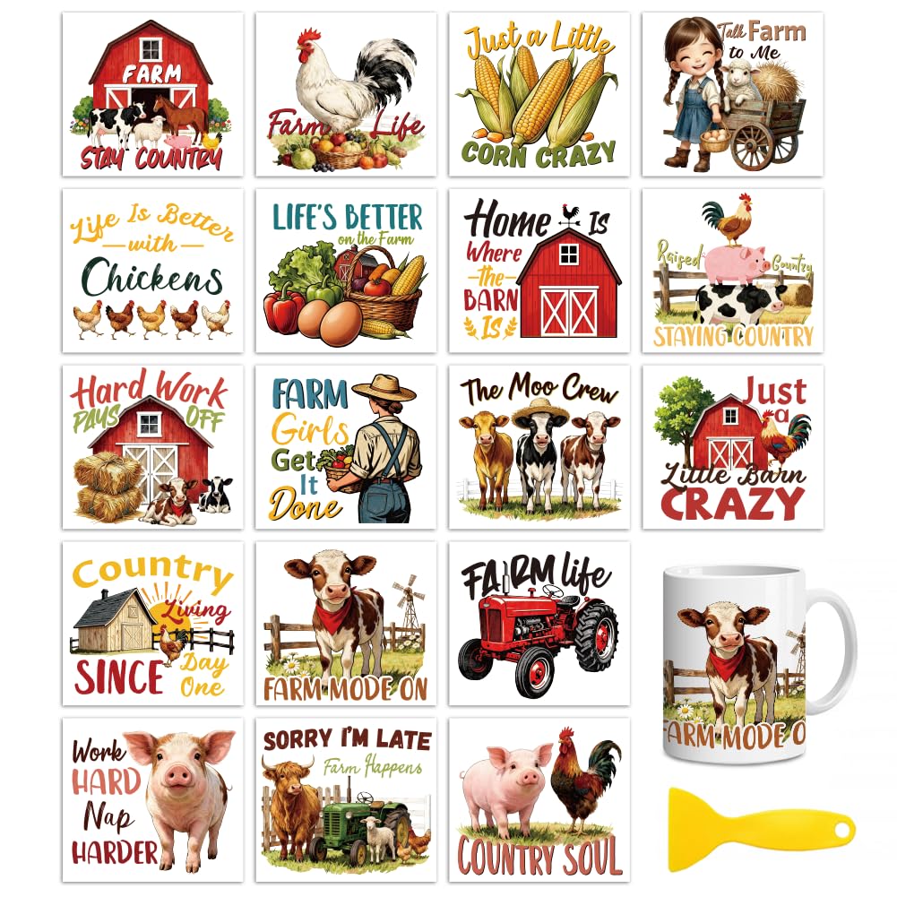 Peacoblue 18 Sheets Rub on Transfers for Crafts, Funny Farm Life Quotes 3.6"x3.9" UV DTF Cup Wraps Waterproof Cold Transfers Stickers for Wood Glass Metal Cup Tumblers Mirrors Mugs Home Decor โ image 1