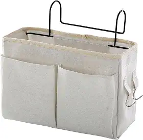 Organizador de cabeceira com bolsos grandes e ganchos, organizador de cabeceira de lona resistente para beliches, dormitórios, camas de hospital e espaços pequenos (bege)
