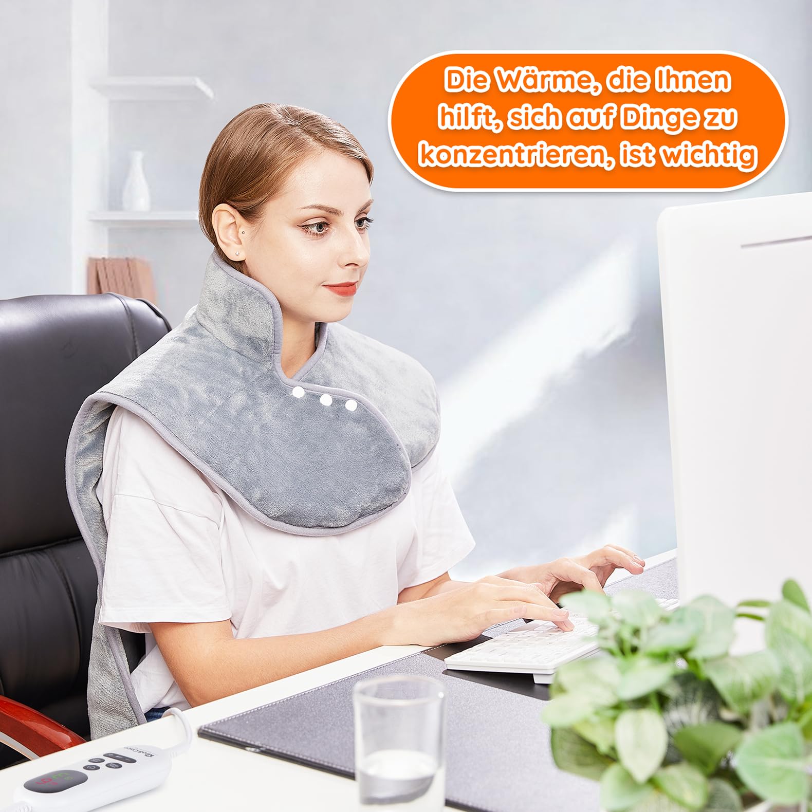Heizkissen für Rücken Schulter Nacken 60x100cm Wärmekissen mit Taillenriemen, Schnelle Erwärmung, 6 Heizstufen, Rückenwärmer Abschaltautomatik Timer, Flanell, maschinenwaschbar, EU-Stecker, Grau