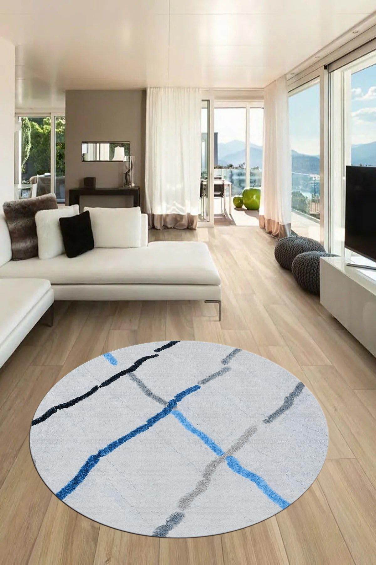 Evdeya Şık Sade Modern Desenli Dijital Kaymaz Taban Yıkanabilir Yuvarlak Mutfak Salon Halısı Y-MODERN-73, Mavi, 100 x 100