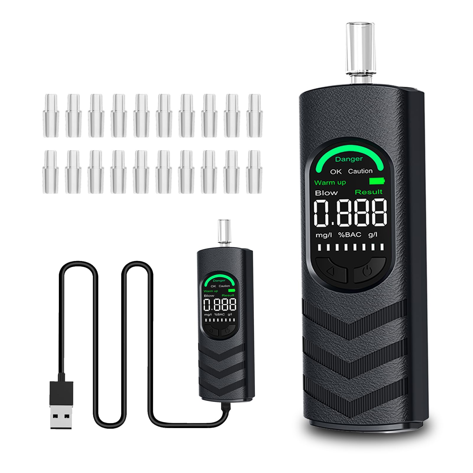 Alkoholtester, Alkoholmessgeräte Polizeigenau Promilletester mit USB-C Akku, Professioneller Alkohol Tester mit 20 Mundstücken und Digitaler LCD Bildschirm