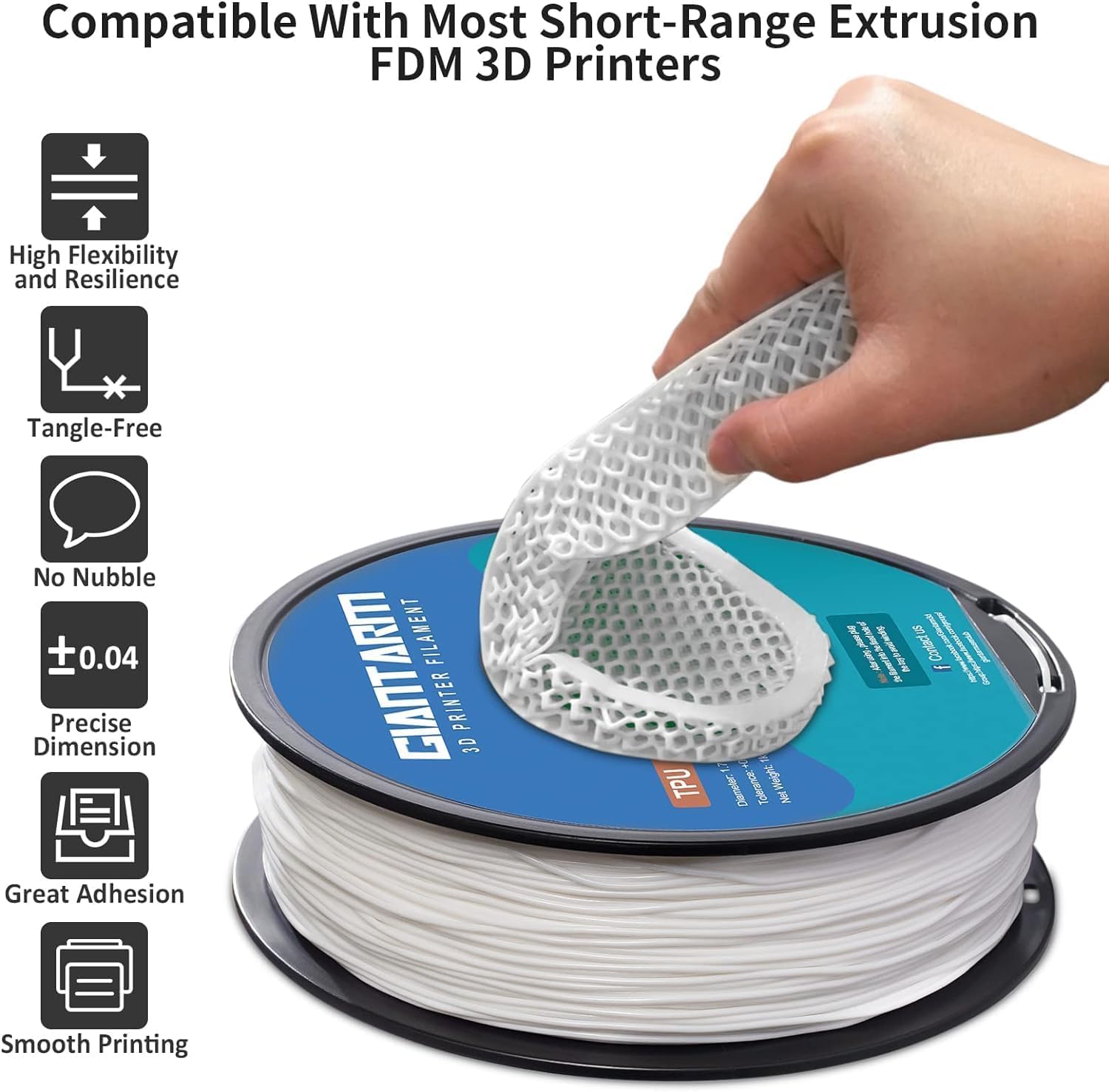 TPU Filamento per stampante 3D, Filamento TPU GIANTARM 1,75 mm, precisione dimensionale +/- 0,02 mm,1 kg, Bianco