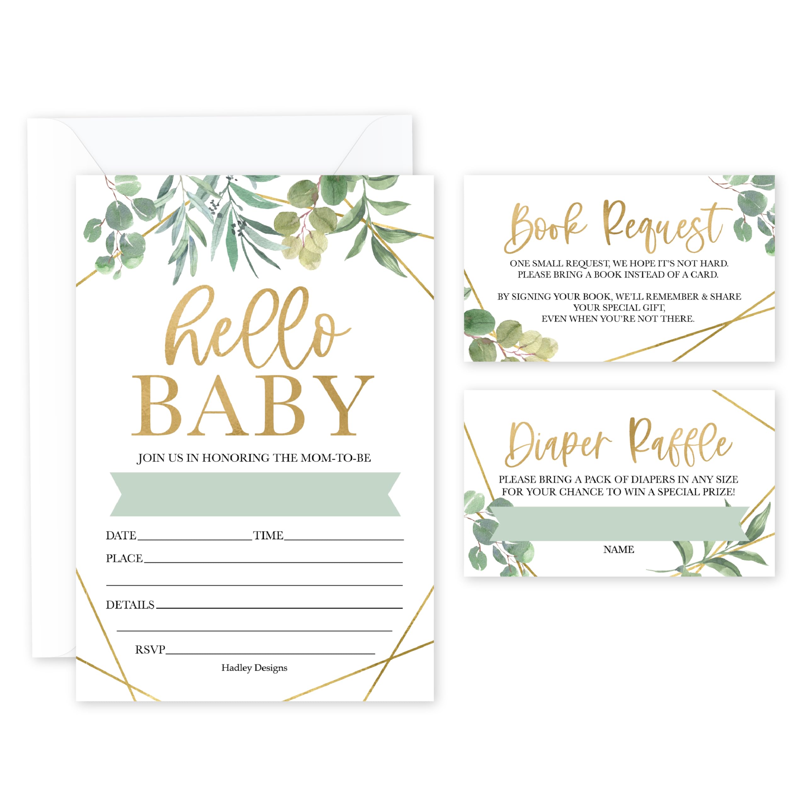 Hadley Designs Baby Shower Invitations for Girl -15 Baby Shower Invites for Boy with Diaper Raffle & Book Request Cards, Greenery Gender Reveal