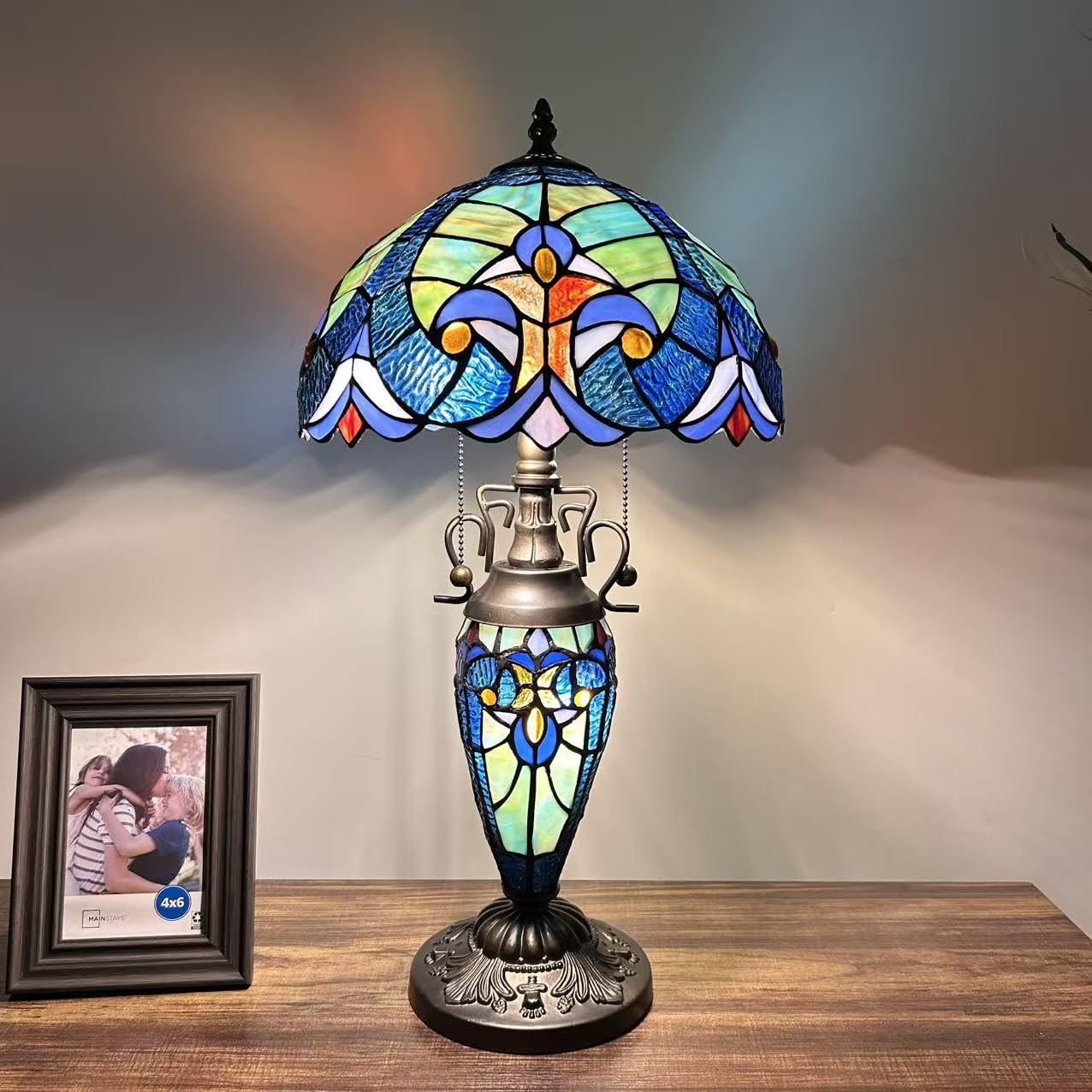 enjoy decor lamps Tiffany Table Lamp Blue Stained Glass Included LED Bulbs Mother-Daughter Vase Vintage Liaison Lamp for Living Room Dining Room