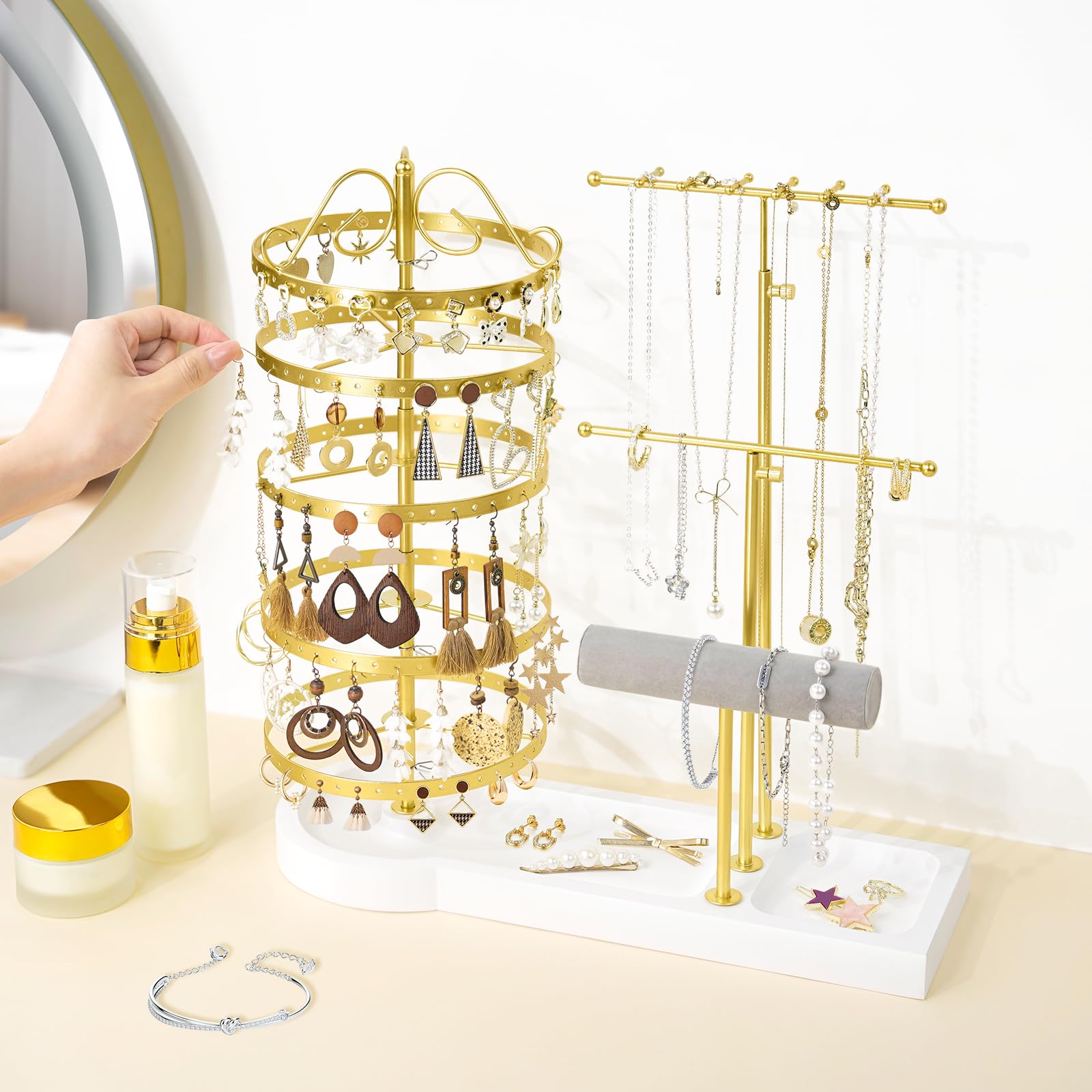 Schmuck-Organizer-Ständer, drehbarer Ohrring-Halter, Organizer, multifunktional, verstellbar, Halskettenhalter, Armband, Uhrenhalter für Schmuck, Ohrringe, Ringe (Gold)