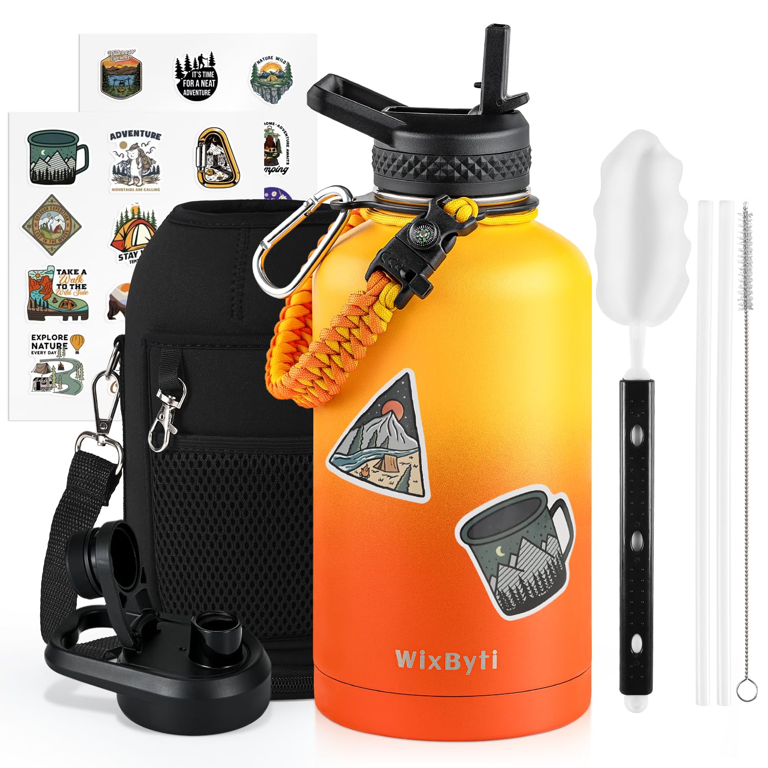 WixByti 64 oz Insulated Water Bottle with Straw (Cold for 48 Hrs), Half Gallon Stainless Steel Triple Wall Vacuum Sports Water Jug, Leakproof Hydro