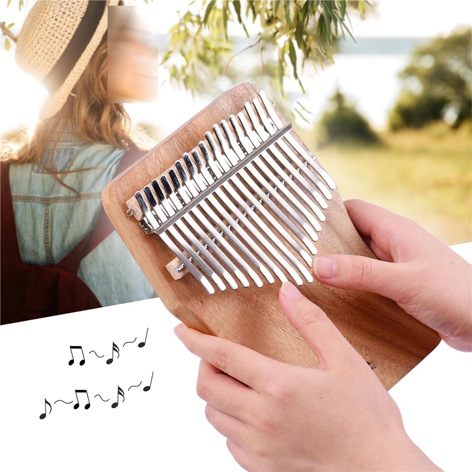 Kalimba Do Gitary Kciukowej Z 17 Klawiszami W Tonacji C Wykonana Z Drewna Kamforowego W Komplecie Z Pokrowcem Naklejkami Na Skalę I Młotkami Do Strojenia. Kalimba