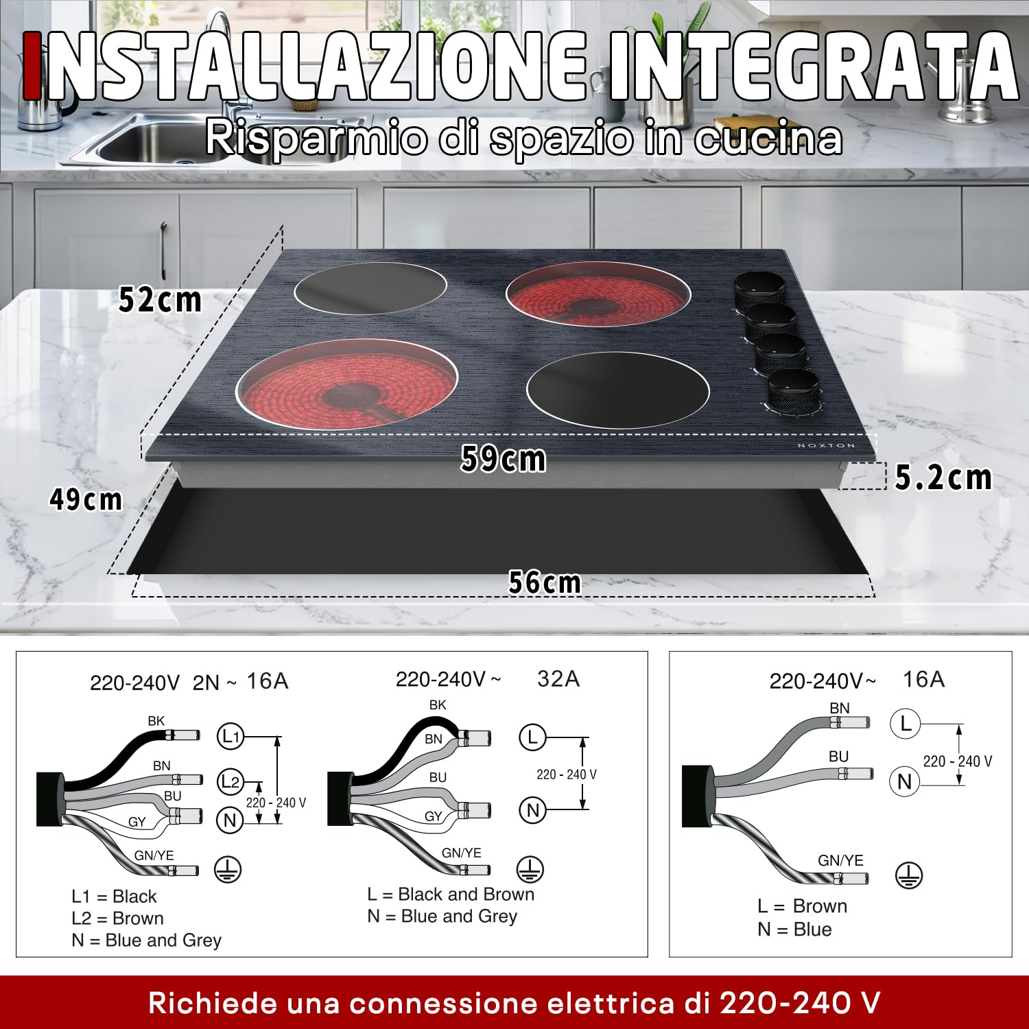 Piano Cottura Vetroceramica 4 Fuochi, 6000W Piano Cottura Elettrico 60cm | Incasso, Manopola, Piani Cottura Elettronica, Spegnimento Automatico, Vetro Cristallo, Argento Nero