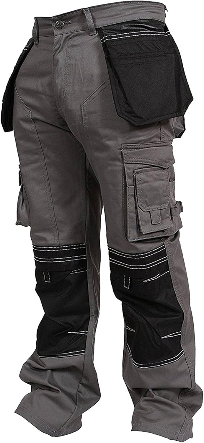 Mens Cargo Trousers Working Pants Cordura Knee Pockets Grey W34-L32
