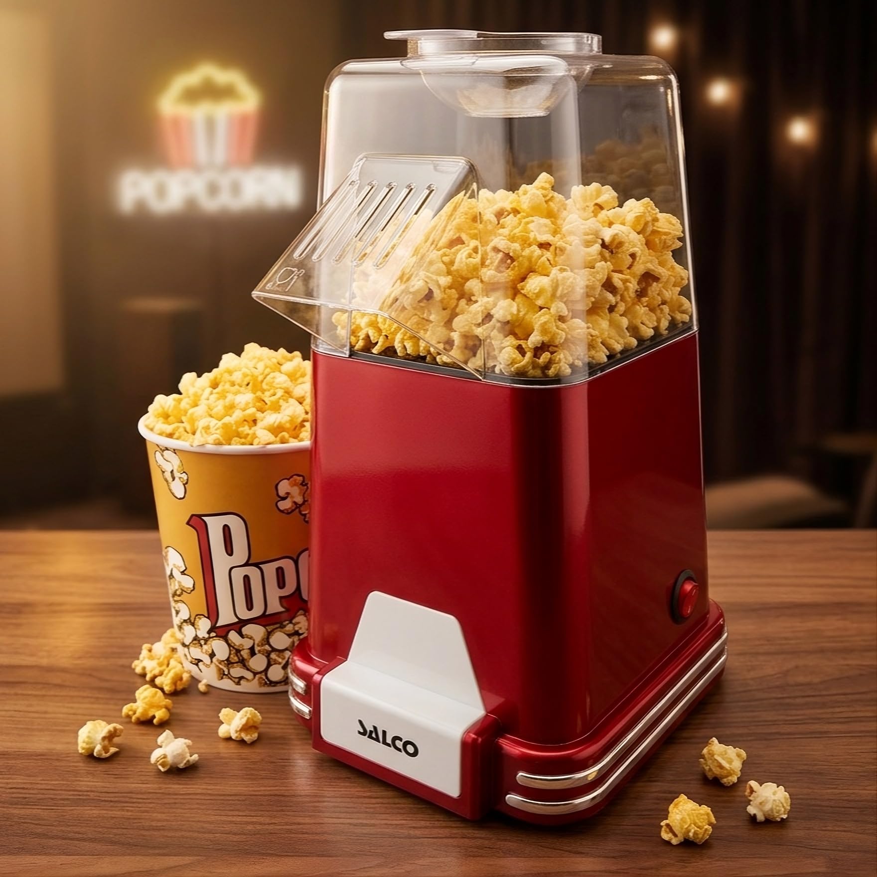 Salco Máquina de Palomitas | Retro Popcorn Maker con diseño años 50 | Tecnología de aire caliente | Sin aceite y sin grasa | 1100W | Preparación rápida | Rojo