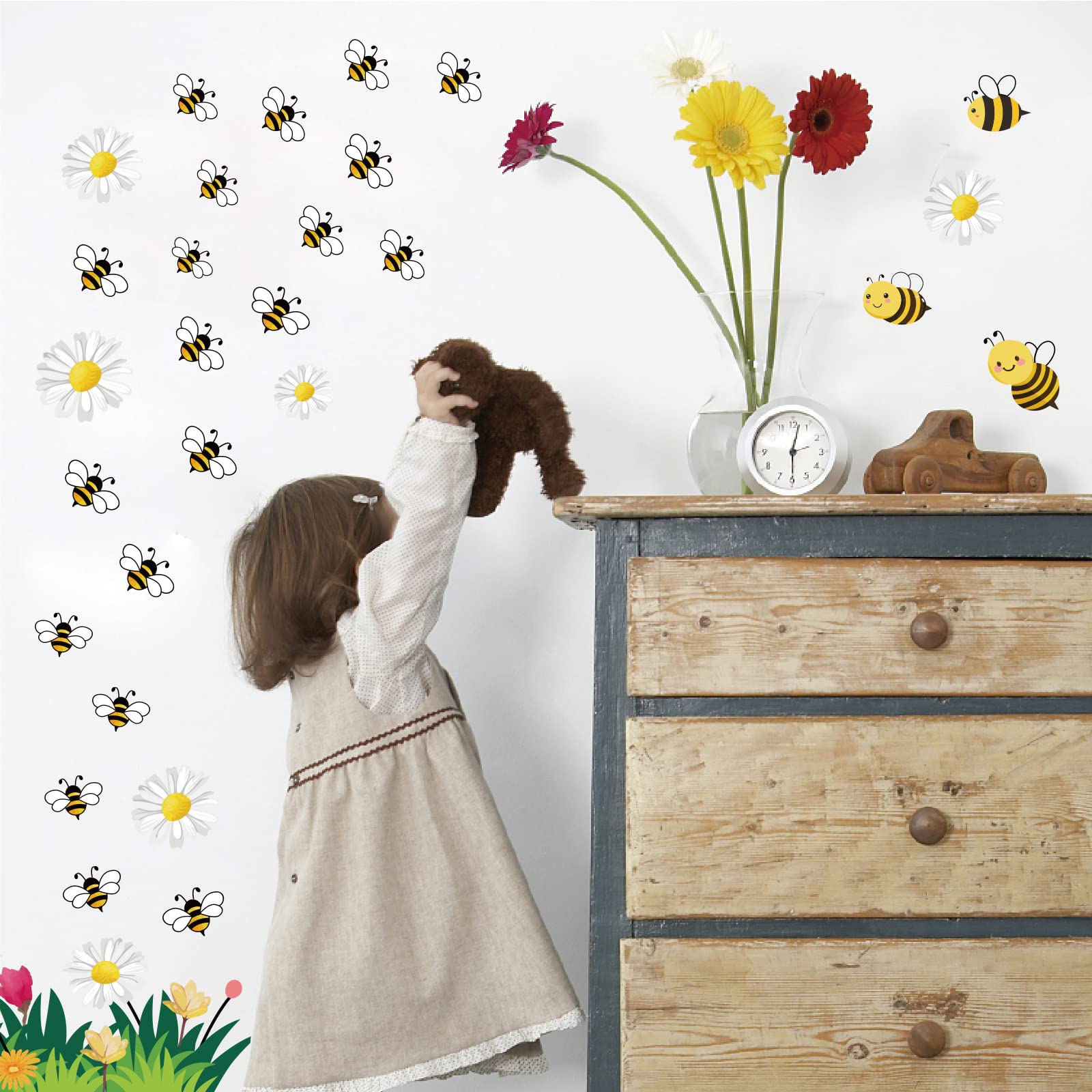 SUPERDANT Bee Wall Stickers and Decals Floral Grass Daisy Sticker Wall Decals Honey Bee Window Clings for Nursery Kids Room Bedroom Classroom Living Room Decorations - Image 4