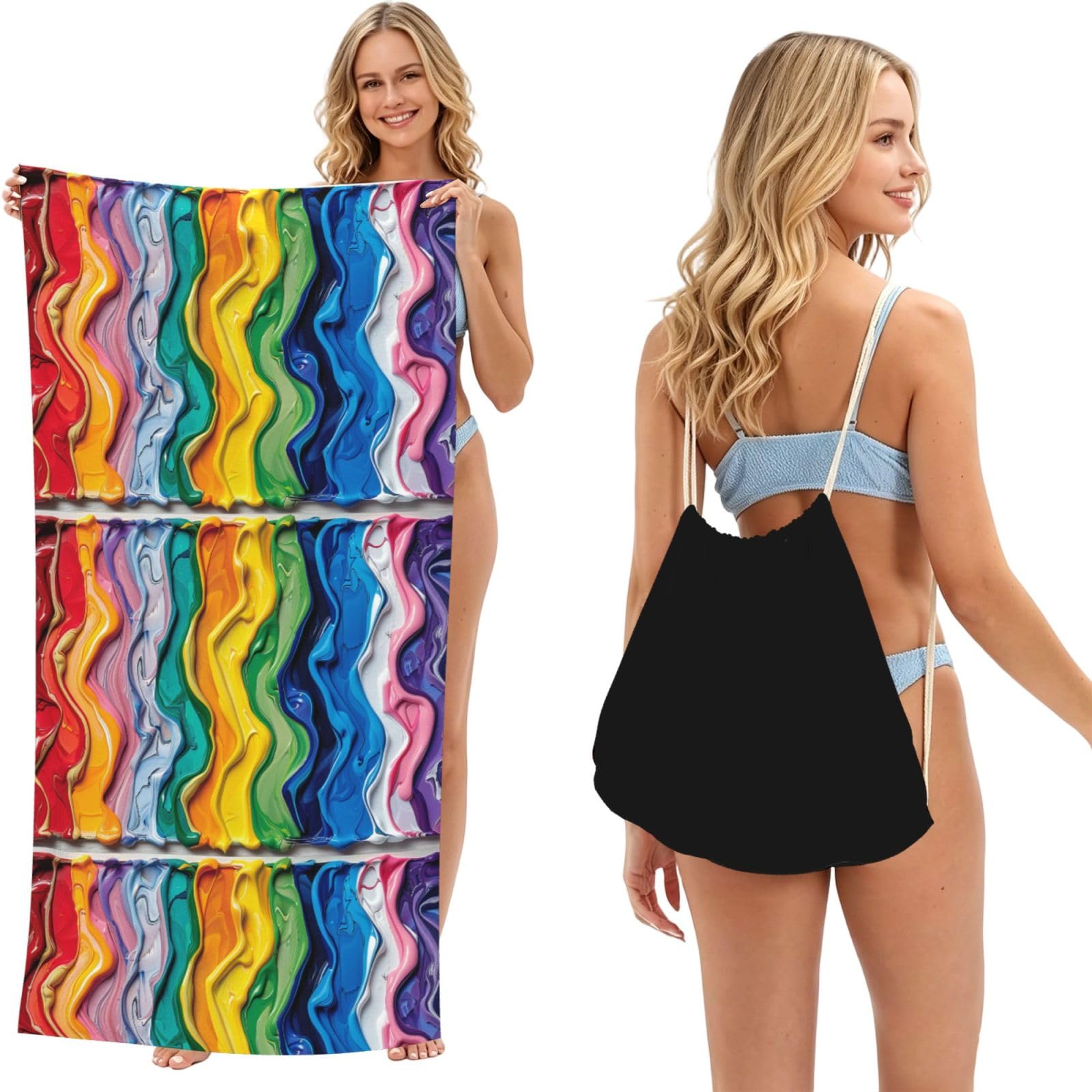 SKGOHLH Rainbow oil painting 2in1 Packable Beach Towel Bag Women