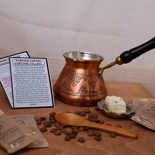 Miniatura 7 de Cafetera turca griega árabe (incluye 4 piezas) con cafetera turca de capacidad de 12 onzas, tarjetas de adivinación de café turco, cuchara de bambú