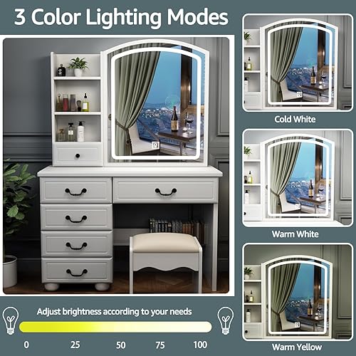 Miniatura 2 de Anwick Vanidad de maquillaje, escritorio de tocador de moda con espejo y luces, tocador de maquillaje con cajones y estantes, tocador blanco con
