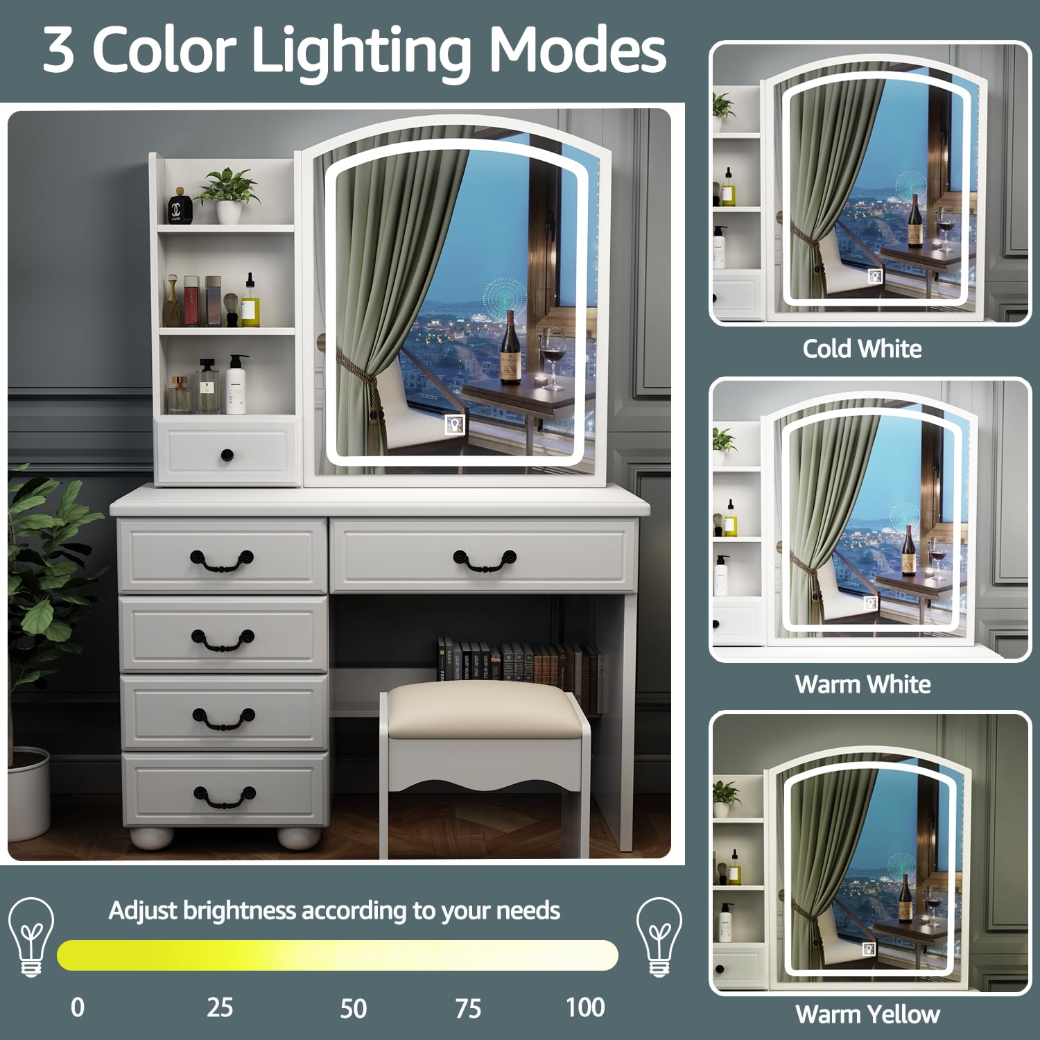 Anwick Makeup Vanity, Fashion Vanity Desk with Mirror and Lights, Makeup Vanity with Drawers & Shelves, White Vanity with Lighted Mirror, 3 Color Lighting Brightness Adjustable