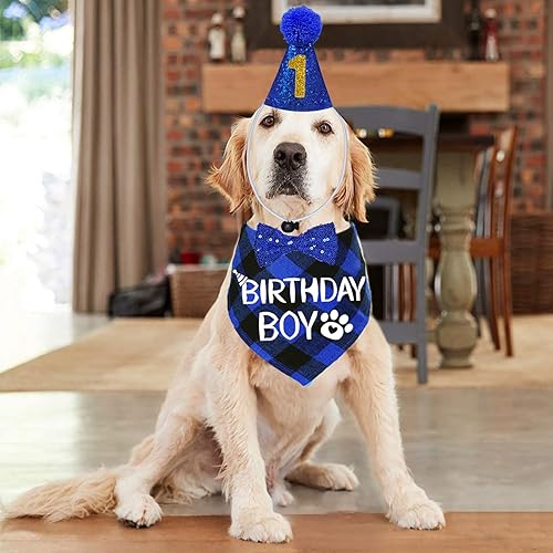 Miniatura 2 de STMK Suministros para fiesta de cumpleaños para perros, varios tamaños, sombrero de cumpleaños para perros con números, bandana pajarita para perros