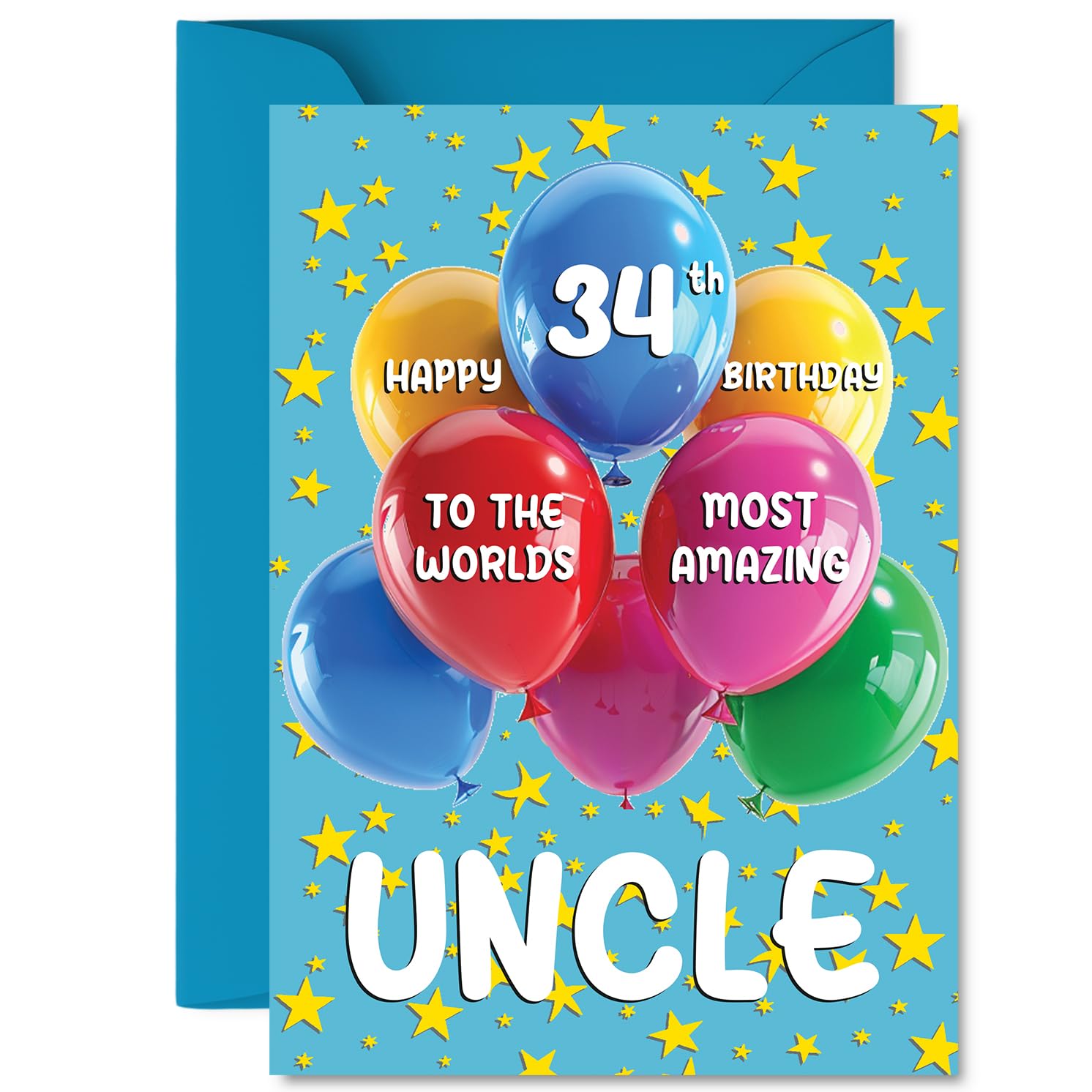 Uncle 34th Birthday Card - Worlds Most Amazing - Happy Birthday Card for 34 Year Old Uncle from Nephew Niece, A5 Balloons and Stars Bday Greeting Cards