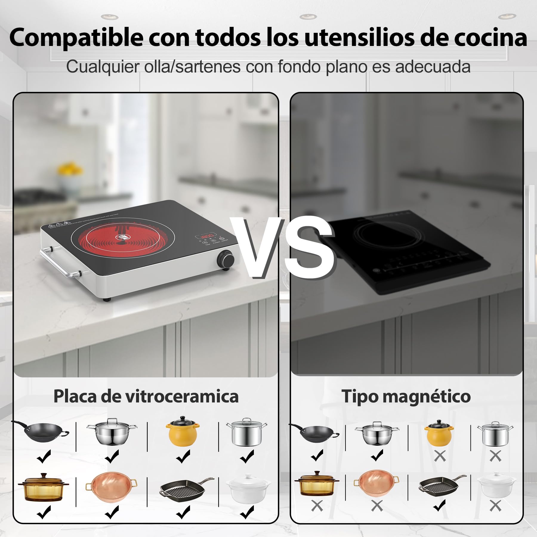 VBGK vitro portatil 1 fuego,220V Toque y perilla placa vitroceramica portatil,2000W vitroceramica portatil,10 niveles de potencia, bloqueo de seguridad para niños y temporizador 4H,