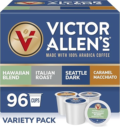 Victor Allen's Coffee Variety Pack (Kona Blend, Italian Roast, Seattle Dark, Caramel Macchiato), 96 Count, Single Serve Coffee Pods for...