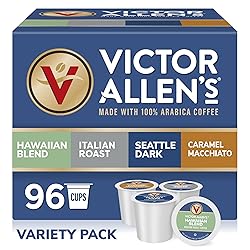 Victor Allen's Coffee Variety Pack (Kona Blend, Italian Roast, Seattle Dark, Caramel Macchiato), 96 Count, Single Serve Coffee Pods for Keurig K-Cup Brewers