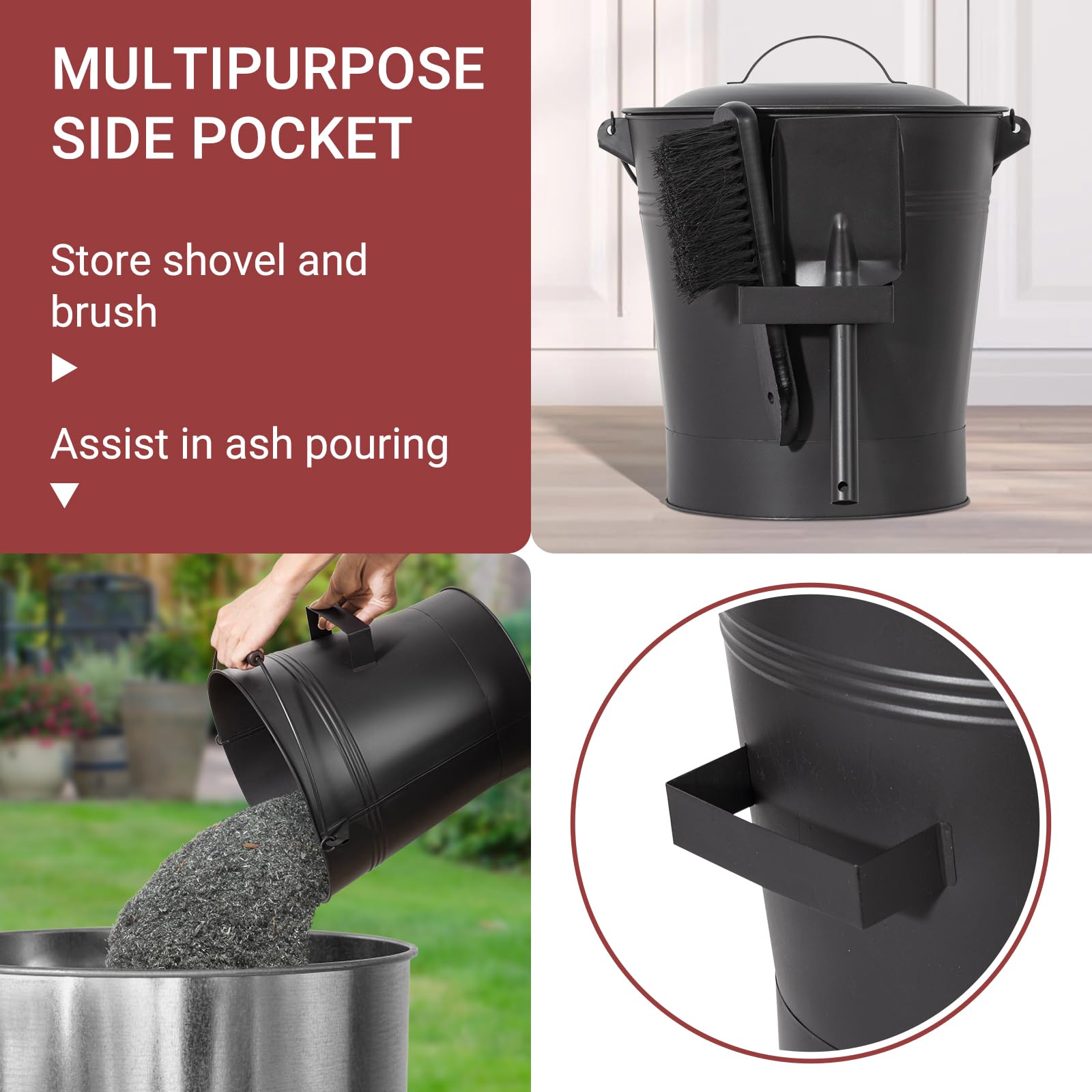 Todeco Secchio per Cenere in Metallo 24 L con Coperchio, Paletta & Spazzola, Resistente al Calore, Manico in Legno, per Camino, Stufa a Legna, Focolare, Barbecue e Campeggio, Nero