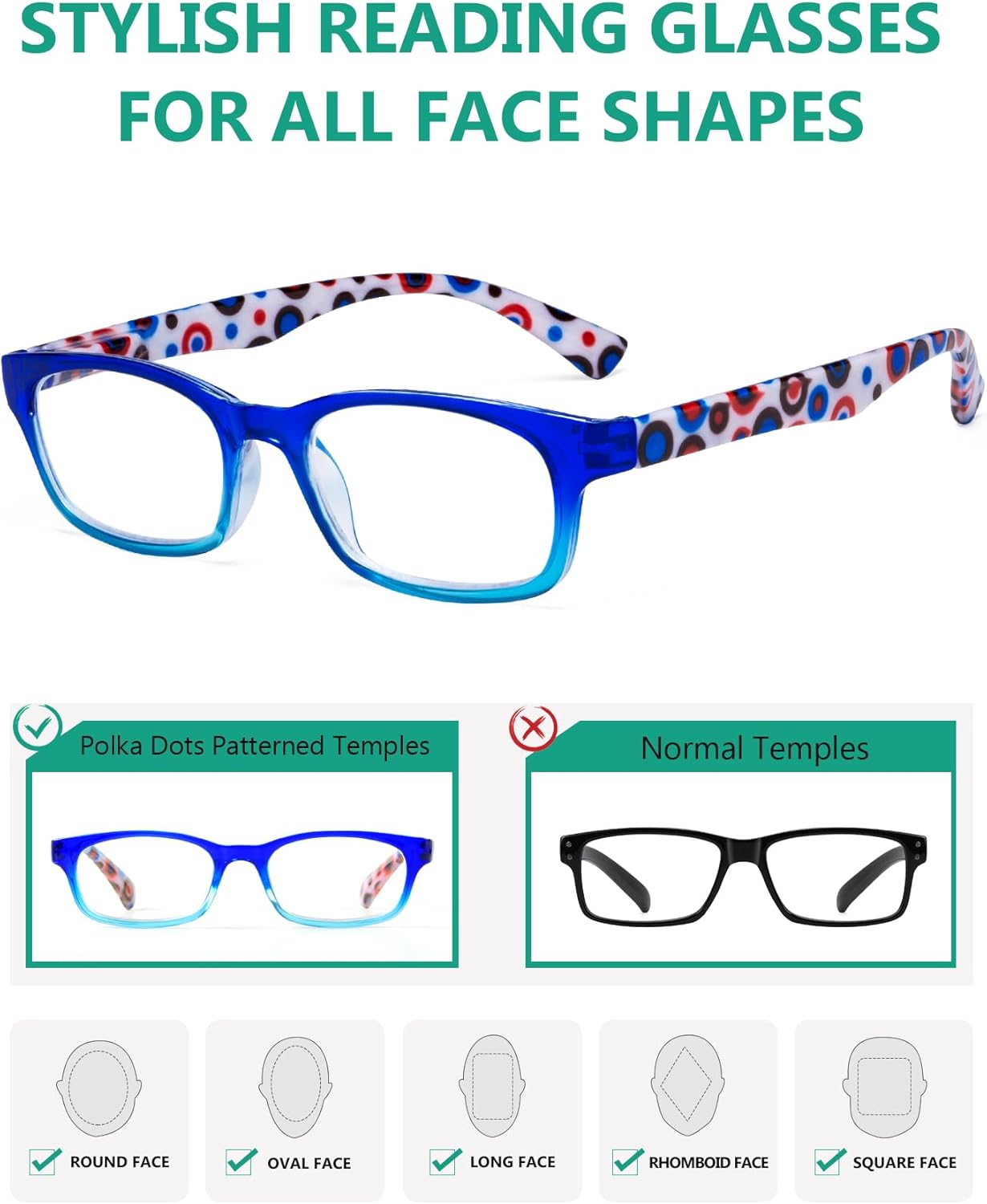 Eyekepper 4 Pack Reading Glasses with Polka Dots Patterned Temples Fashion Readers for Women +1.25