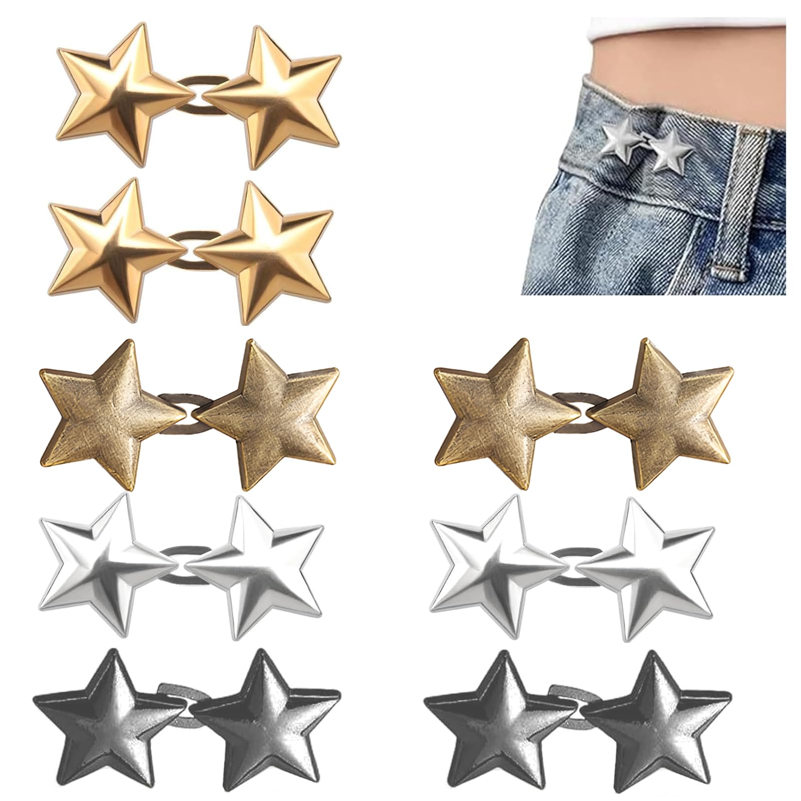 8 Pairs Jean Waist Tightener Clips, No Sewing Required Reusable Star Trouser Waists Tighteners, Adjustable Star Pant Waist Tightener Clips for Tightening Loose Pants, Skirts, Sleeves, Clothing