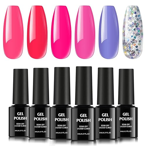 TOMICCA - Juego de esmalte de gel para uñas, color rosa intenso, morado, secado con UV, con brillantina, transparente, brillante, para decoración de