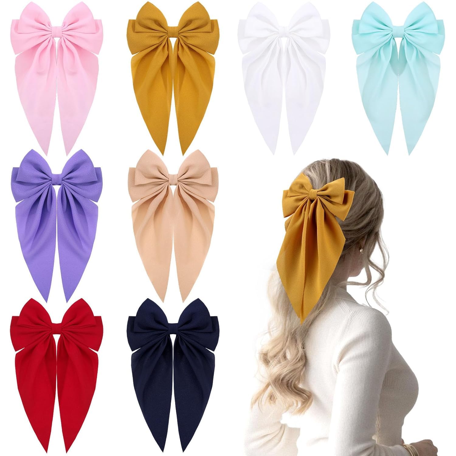 8Pcs Big Tulle Layered Hair Bows for Women Girls, Large Barrette Hair Clip Long Black Ribbon Bows French Style Hair Accessories