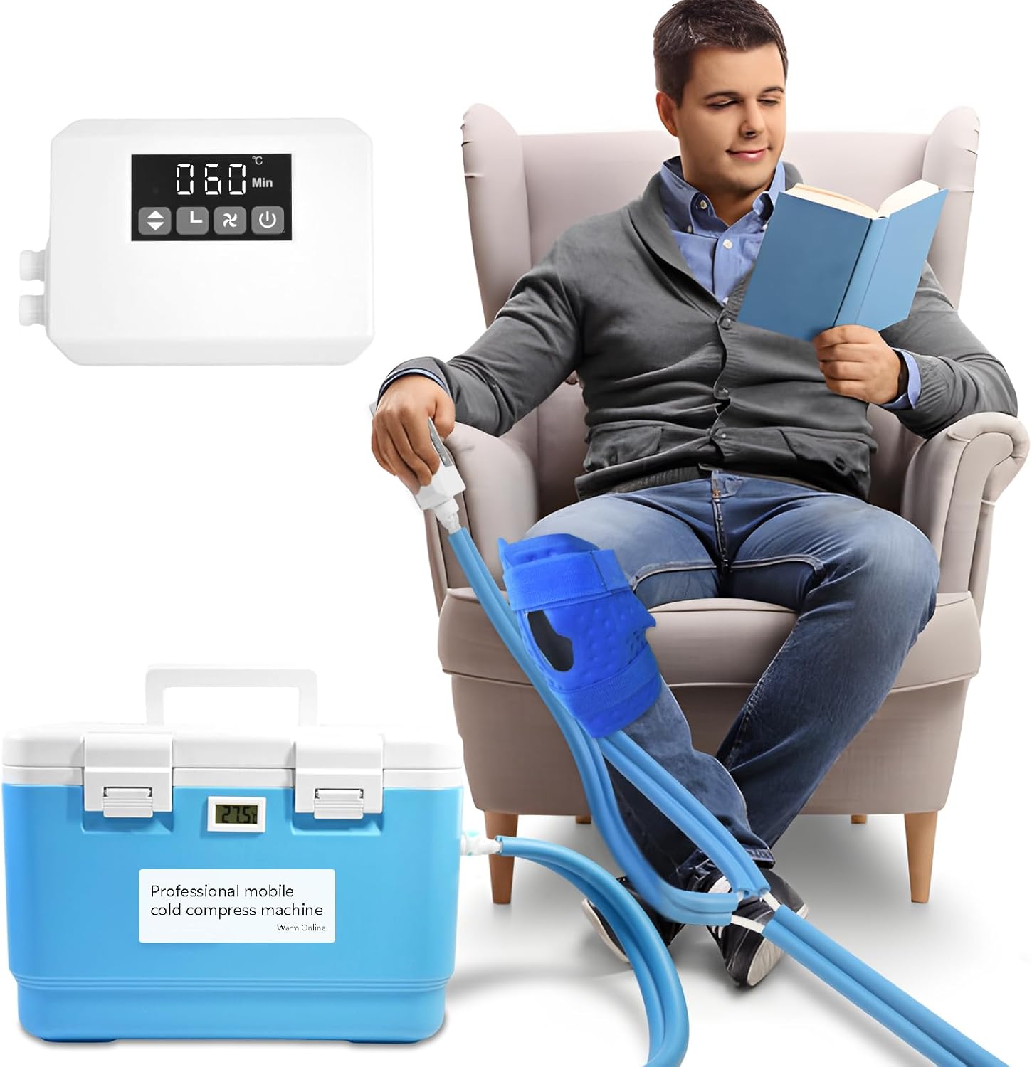 Mobile Cold Therapy Machine, Knee Joint ice Therapy Machine with Digital Timer, Knee pad, Long-Term Relief and Recovery Cold Therapy Device, Suitable for Injuries, sprains, and Swelling Reduction