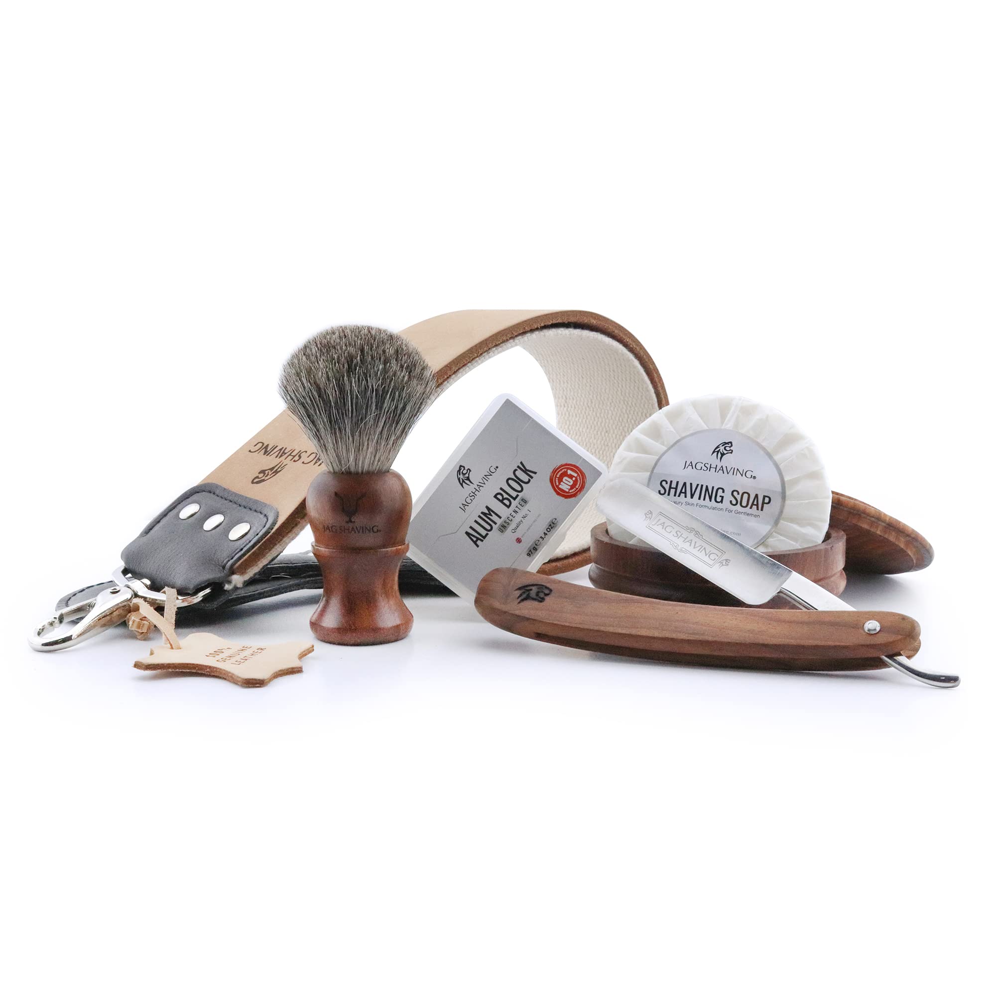 Jag Shaving Zestaw do golenia – 6-częściowy zestaw do golenia – brzytwa – super pędzel do golenia z włosia borsuka – mydło do golenia – miska do golenia z pokrywką – blok ałunowy – skóra ściągająca