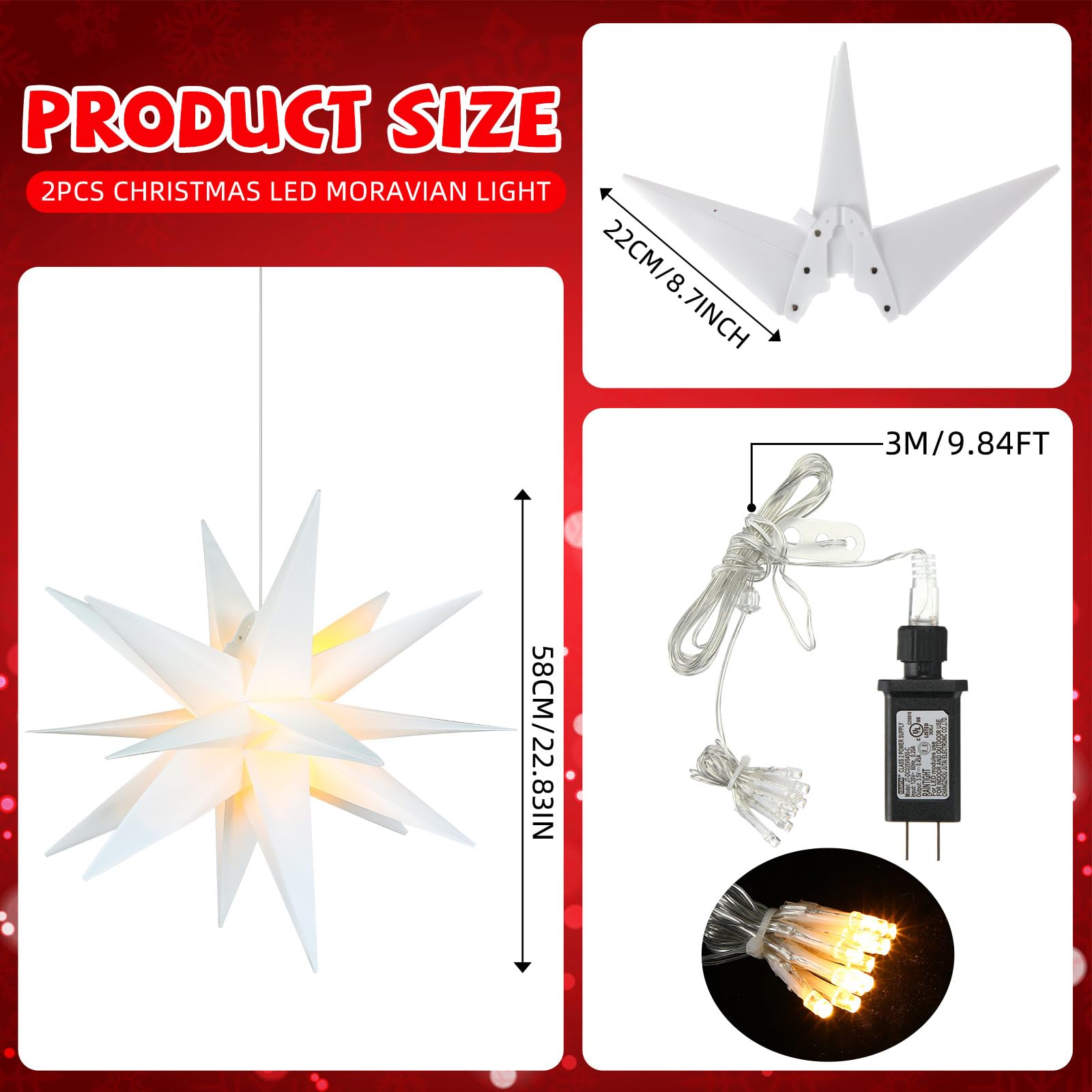 Baquler 2 luces LED grandes de estrella morava blanca de 23 pulgadas, luz LED de estrella de Navidad 3D, decoración de estrella colgante para decoración de árbol de Navidad, vacaciones, porche,