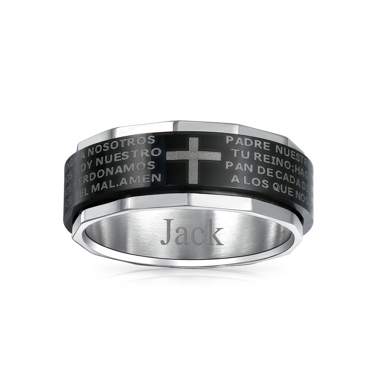 Bling Jewelry Anillo giratorio personalizado unisex religioso Padre Nuestro Cruz para hombres mujeres y adolescentes en acero inoxidable negro