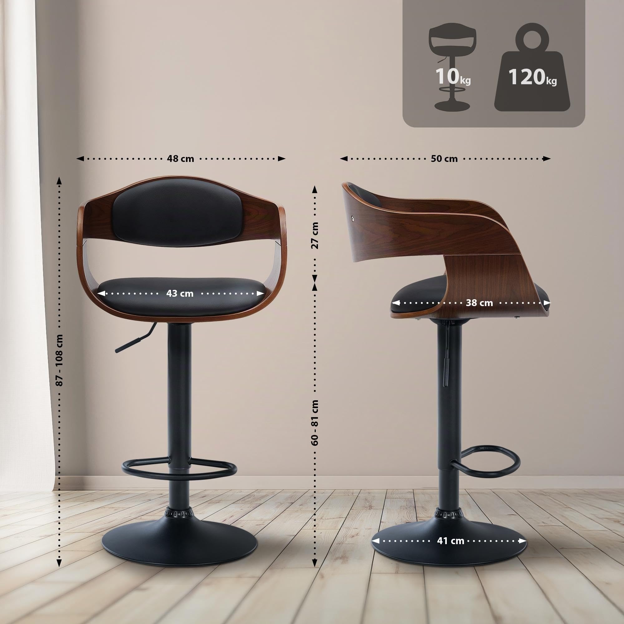 CLP Juego de 2 taburetes de Bar con Respaldo Kingston, taburetes de Bar tapizados en Polipiel o Tela, taburetes de Bar Regulables en Altura | Color Nuez/Negro Material Cuero Sintetico