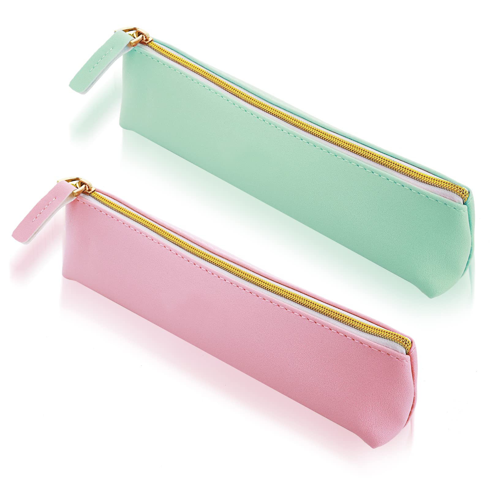 Cobee Estuche de cuero para lápices, 2 piezas, bonito estuche bolsa pequeña para bolígrafos, bolsa de papelería estética, bonita bolsa con cremallera, bolsa de cosméticos portátil(verde + rosa)
