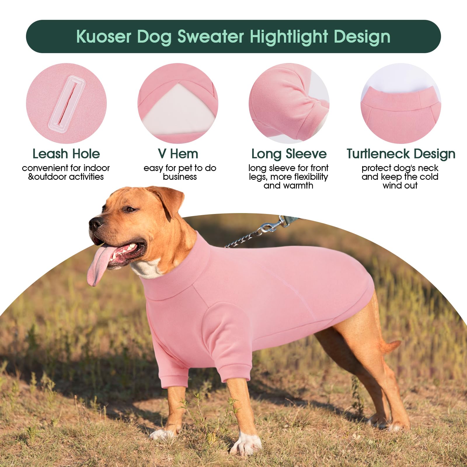 Kuoser Dog Sweatshirt Pink L, Soft Fleece Dog Jumper with Front Legs, Warm Stretch Sweater Pullover Clothes for Medium Dogs - Image 4