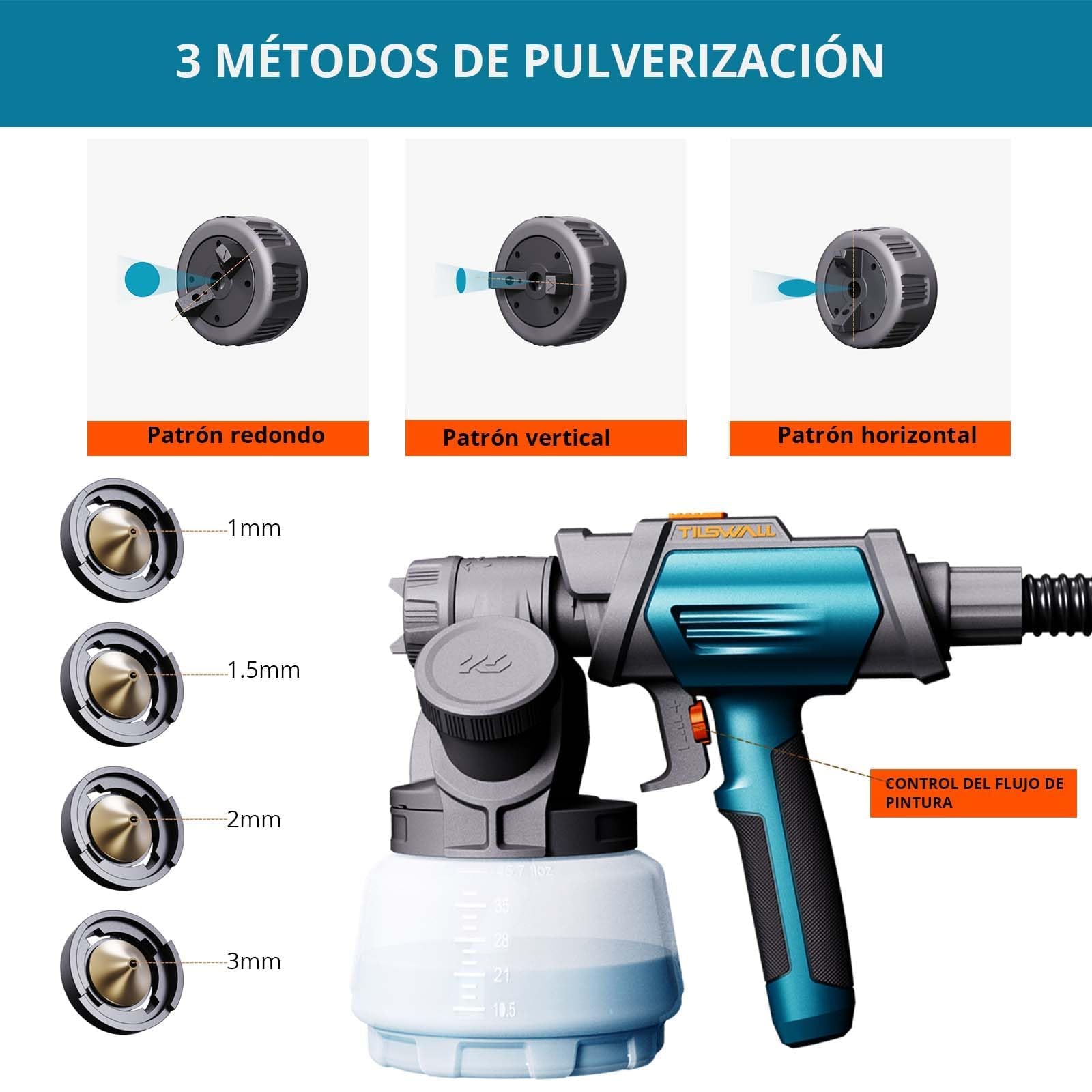 Tilswall Pistola Pintura, Pulverizador de Pintura HVLP 800W, 4 Boquillas y 3 Patrones, Contenedor de Pintura con Recarga Lateral, 120 DIN-s Pistola de Pintura, para Vallas, Jardín y Muebles