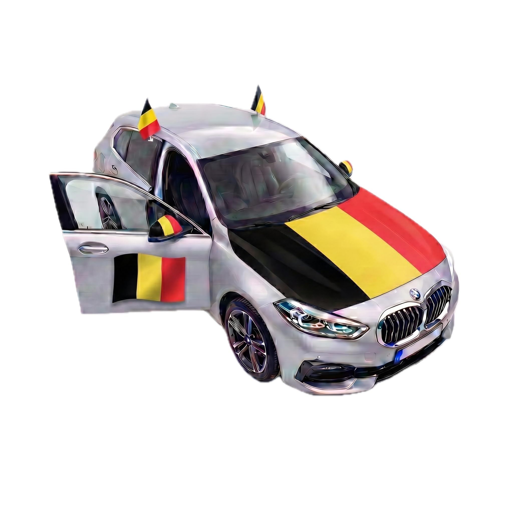 Auto Fahnen Belgien Komplett Set - Motorhaubenfahne, 2 Autofahnen Fenster, 2 Außenspiegelfahnen & 2 Magnet Autofahnen, Fußball EM & WM Fanartikel, Belgische Flagge Fahrzeug Deko
