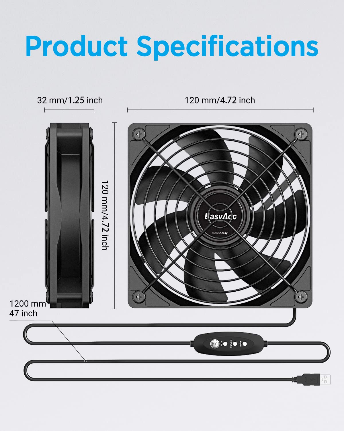 Computer Fan, EasyAcc 120mm Cooling Fans, Quiet Edition High Airflow USB Fan with 3 Speed Control, Long Life Computer Case Fan for Receiver DVR Playstation Xbox Cabinet CPU