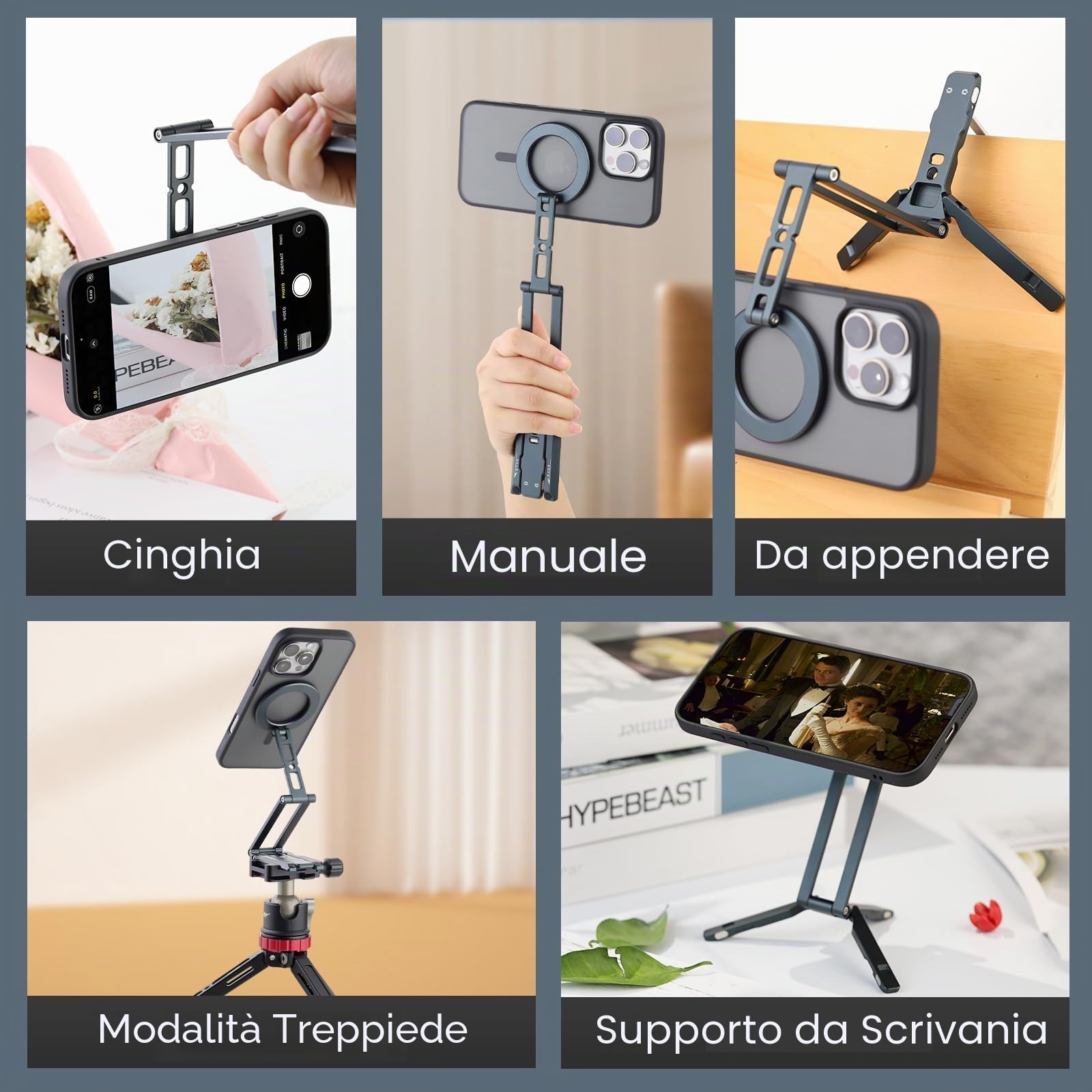 Leftfoto Supporto magnetico in metallo forte per telefono cellulare regolabile a 3 assi pieghevole mini treppiede da scrivania compatibile con iPhone 16/15 Pro Max/14 Pro/13/12/custodie MagSafe o