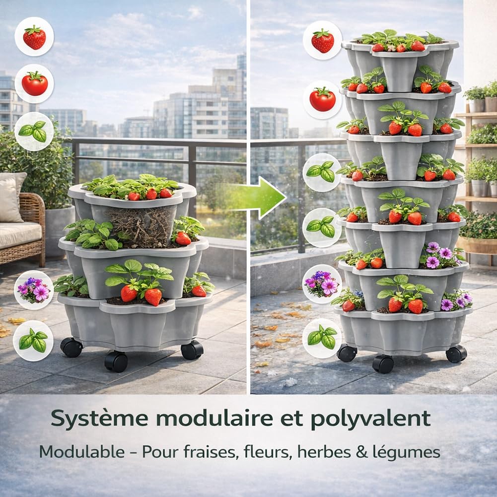 Tour à Fraise Jardinière Empilable 6 Niveaux, Tour Fraises Verticale Extérieure avec roulettes Résistante aux Intempéries, Potager Gain de Place pour Fraises,Légumes, Balcon Terrasse