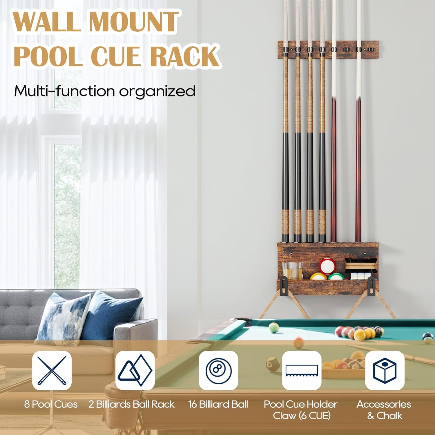 Large Pool Stick Holder Wall Mount, Pool Cue Set Holder for 8 Cues Sticks Storage Pool Table Accessories Equipment Organizer, Cue Rack Billiards Accessories for Game Room Bars Clubs Billiard Players