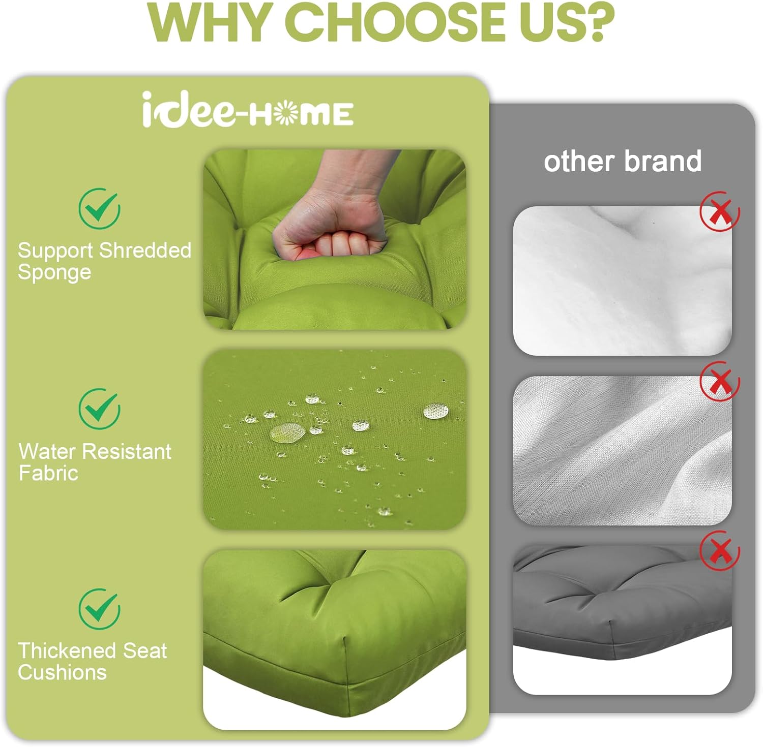 idee-home Outdoor Chair Cushions Set of 2, Patio Chair Cushions Thick 19 x 19 x 5 Inch Tufted Seat Cushions for Outdoor Furniture Waterproof with Ties, Dining Pads Green